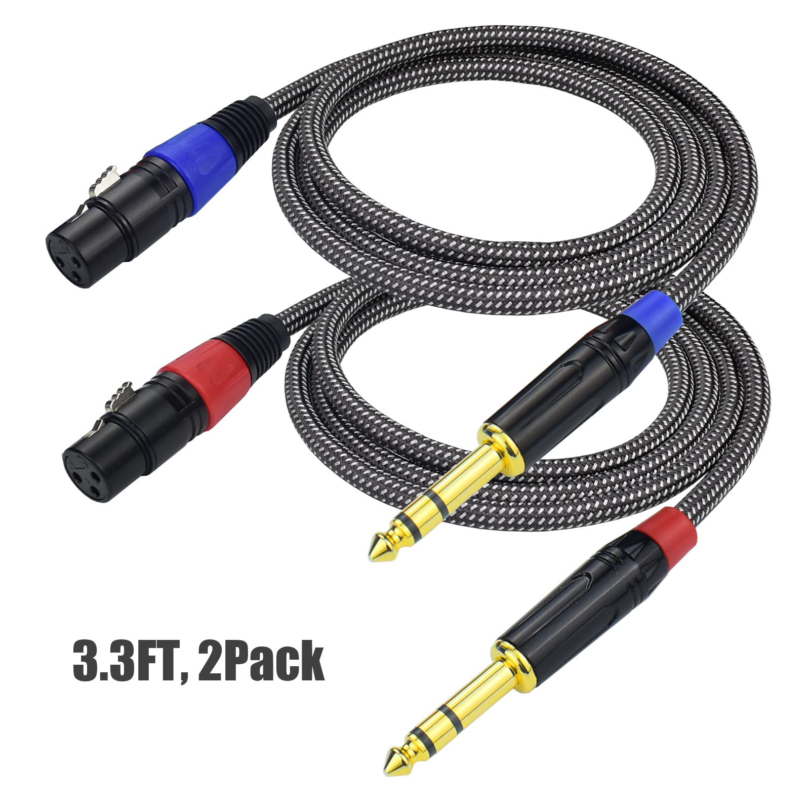 Ihurllu Balanced 1/4" TRS to XLR Female Microphone Cable, 3.3Feet 6.35mm Quarter Inch to 3pin XLR Female Stereo Interconnect Cable, Heavy Duty Nylon Braided, Gold Plated, for Mixer, Speaker -2Pack