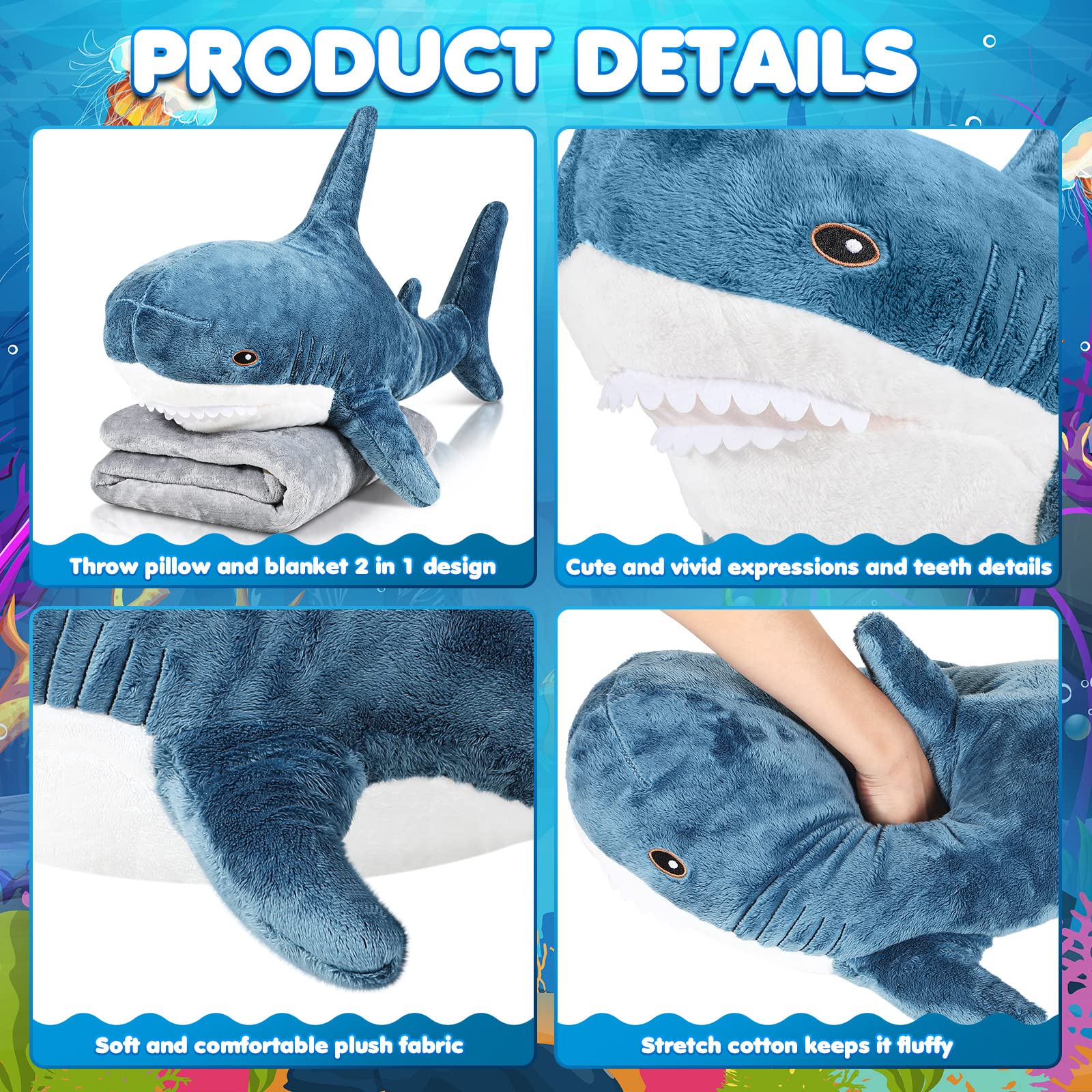 HyDren Shark Plush Shark Toys Shark Stuffed 2 in 1 Animal with Blanket 32 Inch Giant Big Large Stuffed Shark Pillow Blanket Doll for Christmas Boys Girls Room(Dark Blue)