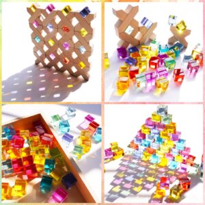 Agirlgle Wooden Rainbow Building Blocks Cube Gem Stacking Blocks Toy - Colorful Montessori Rainbow Stacker Toy Elegant Wood Rainbow Cube Blocks- Acrylic Blocks Educational Toys for Toddlers- 80Pcs