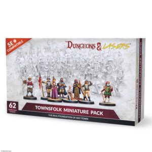 Dungeons & Lasers Townsfolk Miniature Pack - 62 NPC DND Miniatures with Scenic Bases - Use for D&D Miniatures and 5E Compatible Tabletop RPG Games - 28MM Unpainted and Unassembled - for 14 Years +