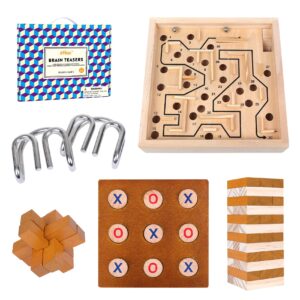 offelec 5 in 1 board game with wooden brain teaser puzzles, metal brain teaser puzzles, labyrinth, wooden stacking tower, and tic tac toe toy games, board games for kid and adults, party family game