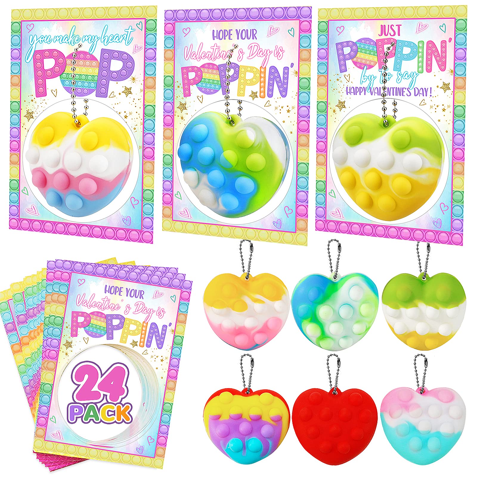 Valentines Day Gifts for Kids - 24 Pack Valentine Cards with 3D Pop Balls It - Fidget Sensory Toys bulk for 3-12 Years Boys Girls Toddlers Classroom School Party Favors Gift Card Exchange Greeting