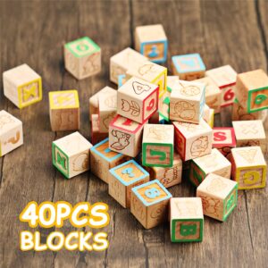 SainSmart Jr. Wooden ABC Alphabet Blocks Set, 40PCS Classic Wood Toy for Stacking Building Educational Learning, with Mesh Bag for Preschool Letters Number Counting for Ages 3 4 5 6 Toddlers,1.2"