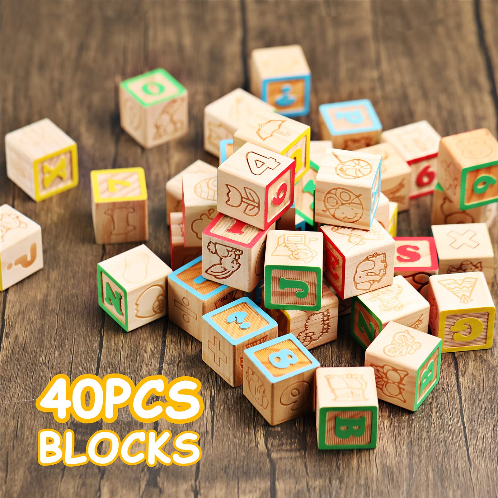 SainSmart Jr. Wooden ABC Alphabet Blocks Set, 40PCS Classic Wood Toy for Stacking Building Educational Learning, with Mesh Bag for Preschool Letters Number Counting for Ages 3 4 5 6 Toddlers,1.2"