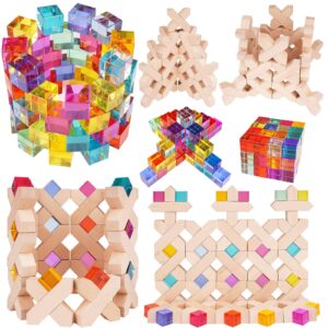 Agirlgle Wooden Rainbow Building Blocks Cube Gem Stacking Blocks Toy - Colorful Montessori Rainbow Stacker Toy Elegant Wood Rainbow Cube Blocks- Acrylic Blocks Educational Toys for Toddlers- 80Pcs