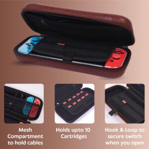 DreamController Limited Edition Genuine Leather Hard Shell Travel Case for Nintendo Switch with 10 Gamecard Slot with Back Protective Dockable Case, 2 Joycon Cover, 4 Thumbstick Cap & Screen Protector