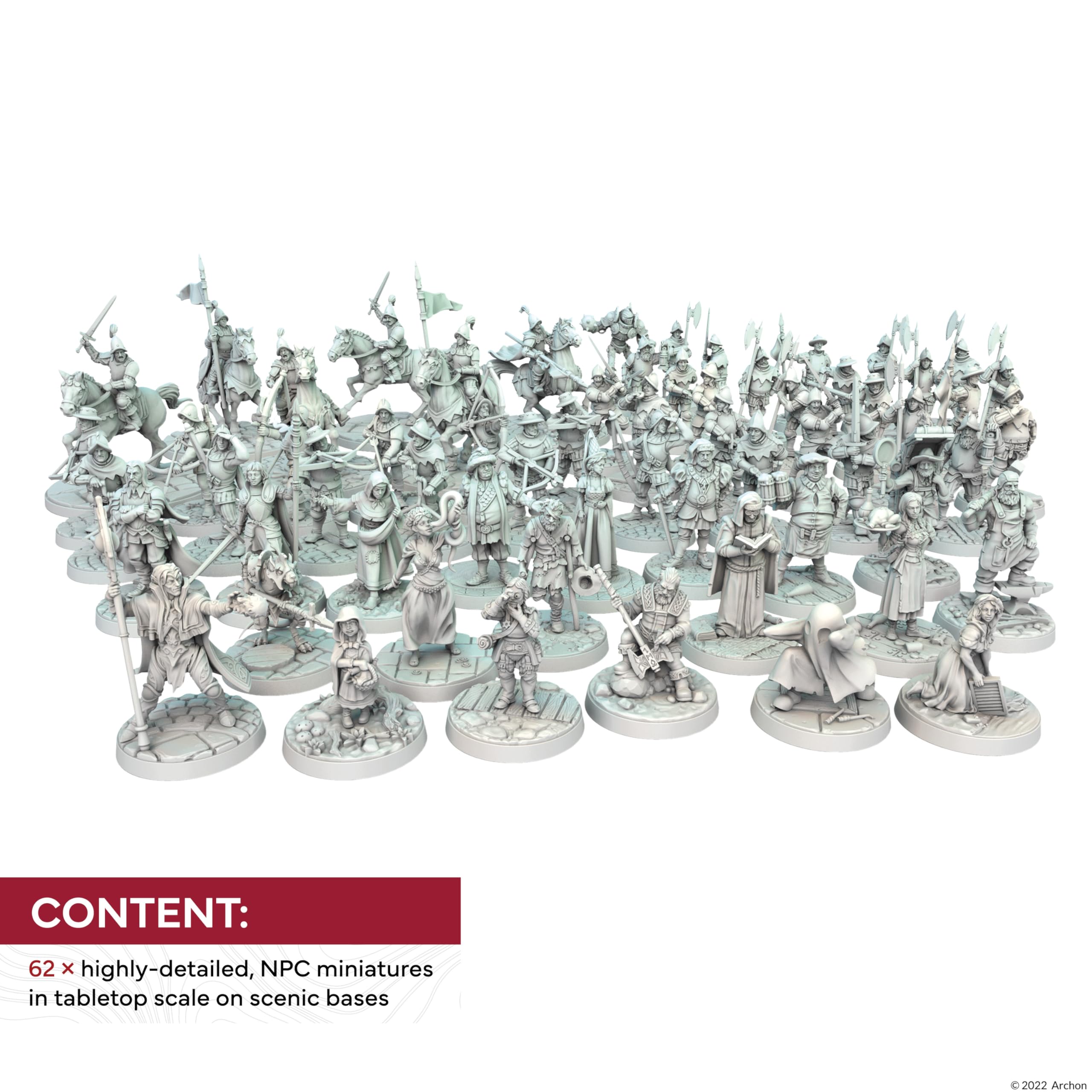 Dungeons & Lasers Townsfolk Miniature Pack - 62 NPC DND Miniatures with Scenic Bases - Use for D&D Miniatures and 5E Compatible Tabletop RPG Games - 28MM Unpainted and Unassembled - for 14 Years +