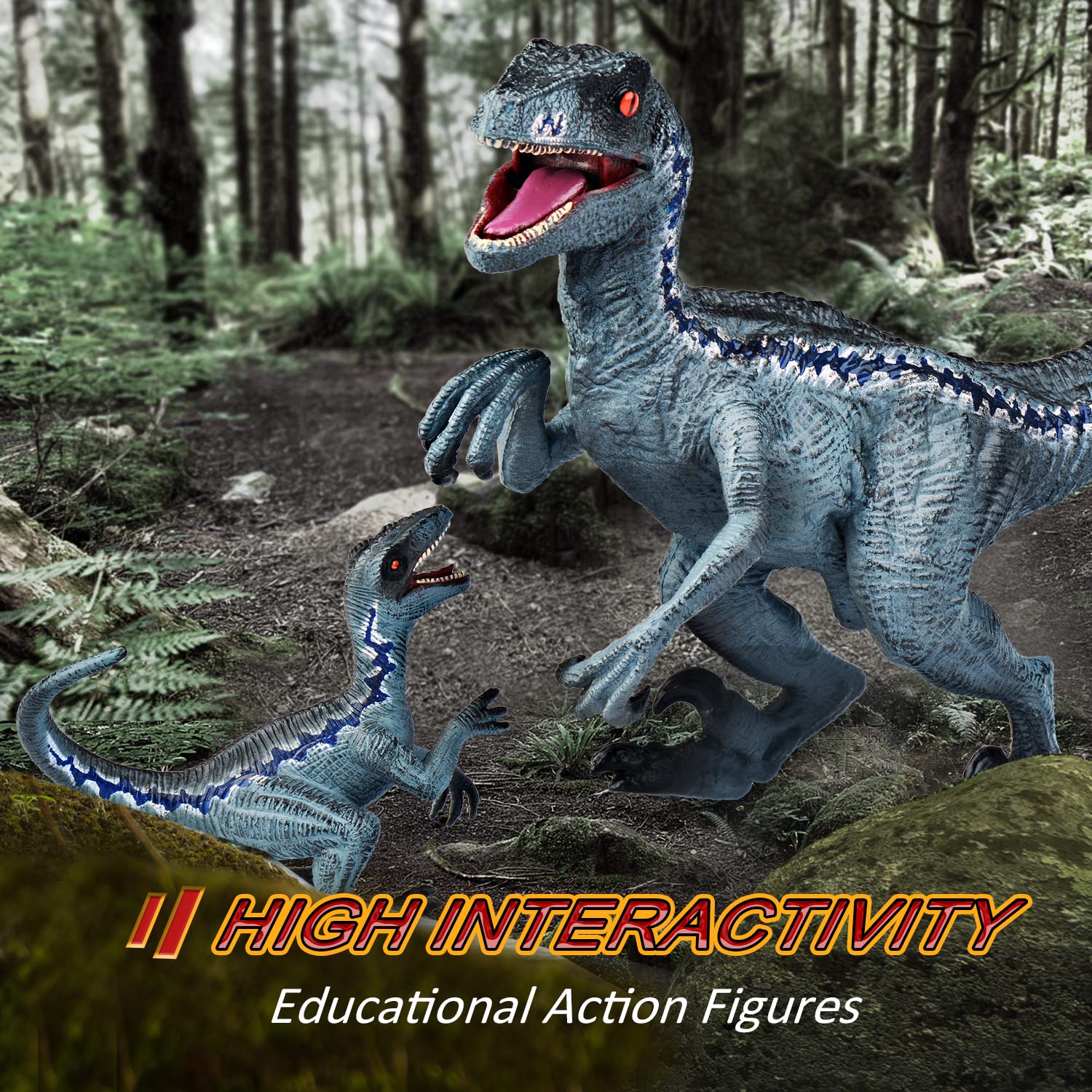 JR PARK 2Pcs Dinosaur Toys, 15.5″ Large Velociraptor Blue Dinosaur Action Figure, Realistic Dinosaurs Toys Gifts for Boys Girls, Birthday Gifts Christmas Decor