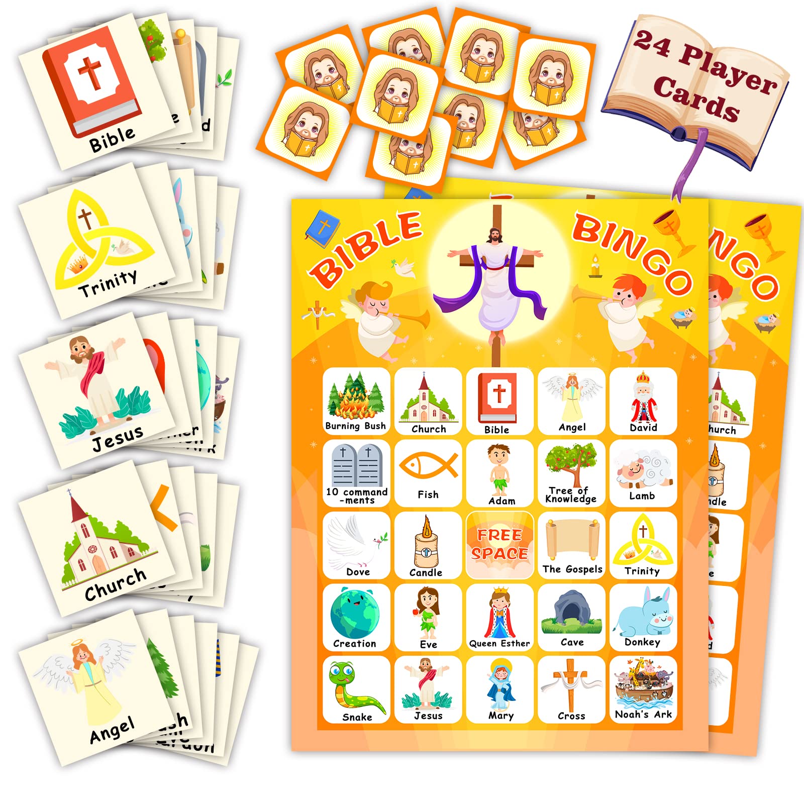 Bible Bingo Game for Kids Adults Christian Sunday Church Game Bible Activities 24 Bingo Cards Sets for Family Open Day Vacation Bible School Decorations, Easter Gifts, Holiday Party Favors Supplies