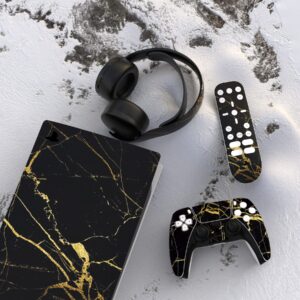 PlayVital Black & Gold Marble Effect Full Set Skin Decal for ps5 Console Digital Edition, Sticker Vinyl Decal Cover for ps5 Controller & Charging Station & Headset & Media Remote