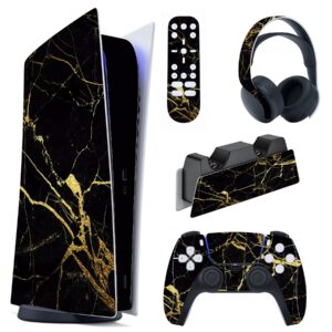 playvital black & gold marble effect full set skin decal for ps5 console digital edition, sticker vinyl decal cover for ps5 controller & charging station & headset & media remote