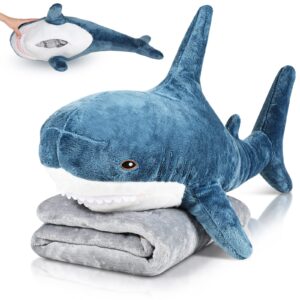 HyDren Shark Plush Shark Toys Shark Stuffed 2 in 1 Animal with Blanket 32 Inch Giant Big Large Stuffed Shark Pillow Blanket Doll for Christmas Boys Girls Room(Dark Blue)