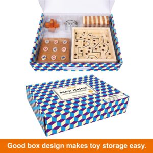 Offelec 5 in 1 Board Game with Wooden Brain Teaser Puzzles, Metal Brain Teaser Puzzles, Labyrinth, Wooden Stacking Tower, and Tic Tac Toe Toy Games, Board Games for Kid and Adults, Party Family Game