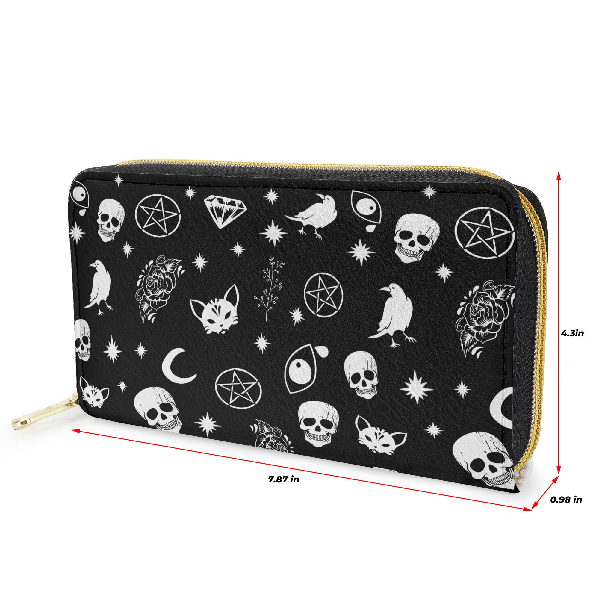 PIHNSDUA Skull Cat Moon Gothic Women's Long Wallet PU Leather Purse with Card Holder Zip Around Clutch Wallet