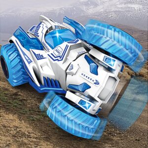 Geospace Friction Stunt Car with 360 Rotating Front Wheels - 1 Hand Held Push-Powered Stunt Car (White/Blue)