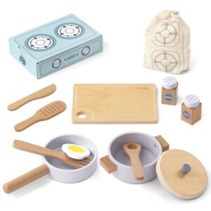 Pillowhale Wooden Toy Pots and Pans Cookware Playset for Kids Kitchen,Toddler Cooking Set,Pretend Play Kitchen Accessories for Toddlers Boys Girls Ages 3+