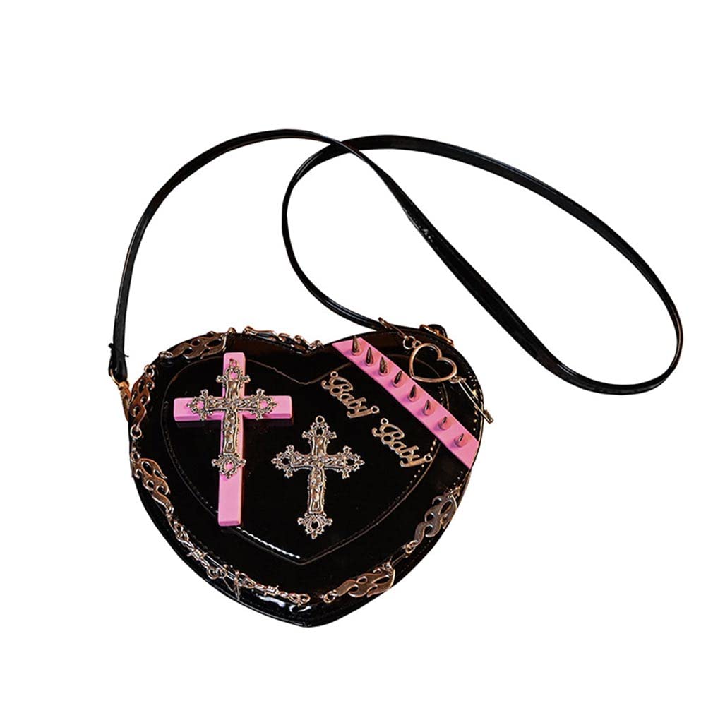 Punk Gothic Heart Shape Purse Chain Crossbody Handbag Studded Fashion Halloween Accessories Studded Shoulder Bag