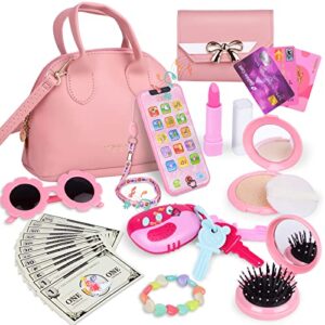 learn2m play purse for little girls ages 3-6, my first purse toy with handbag, makeup set, sunglasses, smartphone, wallet, car keys, credit cards and fake money