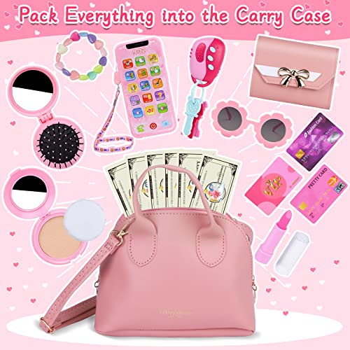 Learn2M Play Purse for Little Girls Ages 3-6, My First Purse Toy with Handbag, Makeup Set, Sunglasses, Smartphone, Wallet, Car Keys, Credit Cards and Fake Money