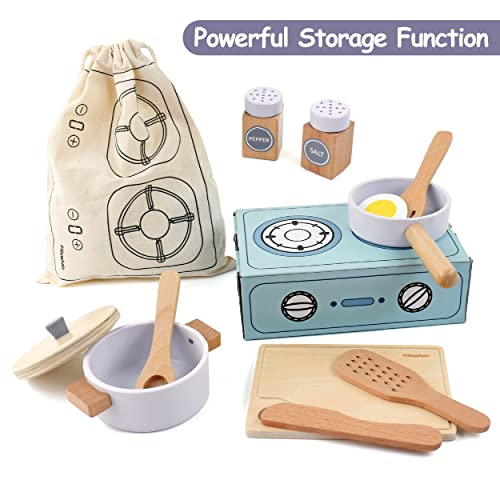 Pillowhale Wooden Toy Pots and Pans Cookware Playset for Kids Kitchen,Toddler Cooking Set,Pretend Play Kitchen Accessories for Toddlers Boys Girls Ages 3+