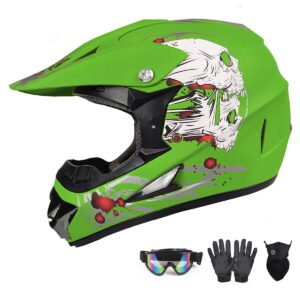 dot approved off-road helmet for kids, youth, and adults - motocross, dirt bike, 4-wheel,bmx, atv motorcycle with gloves, goggles, and mask (green, large)