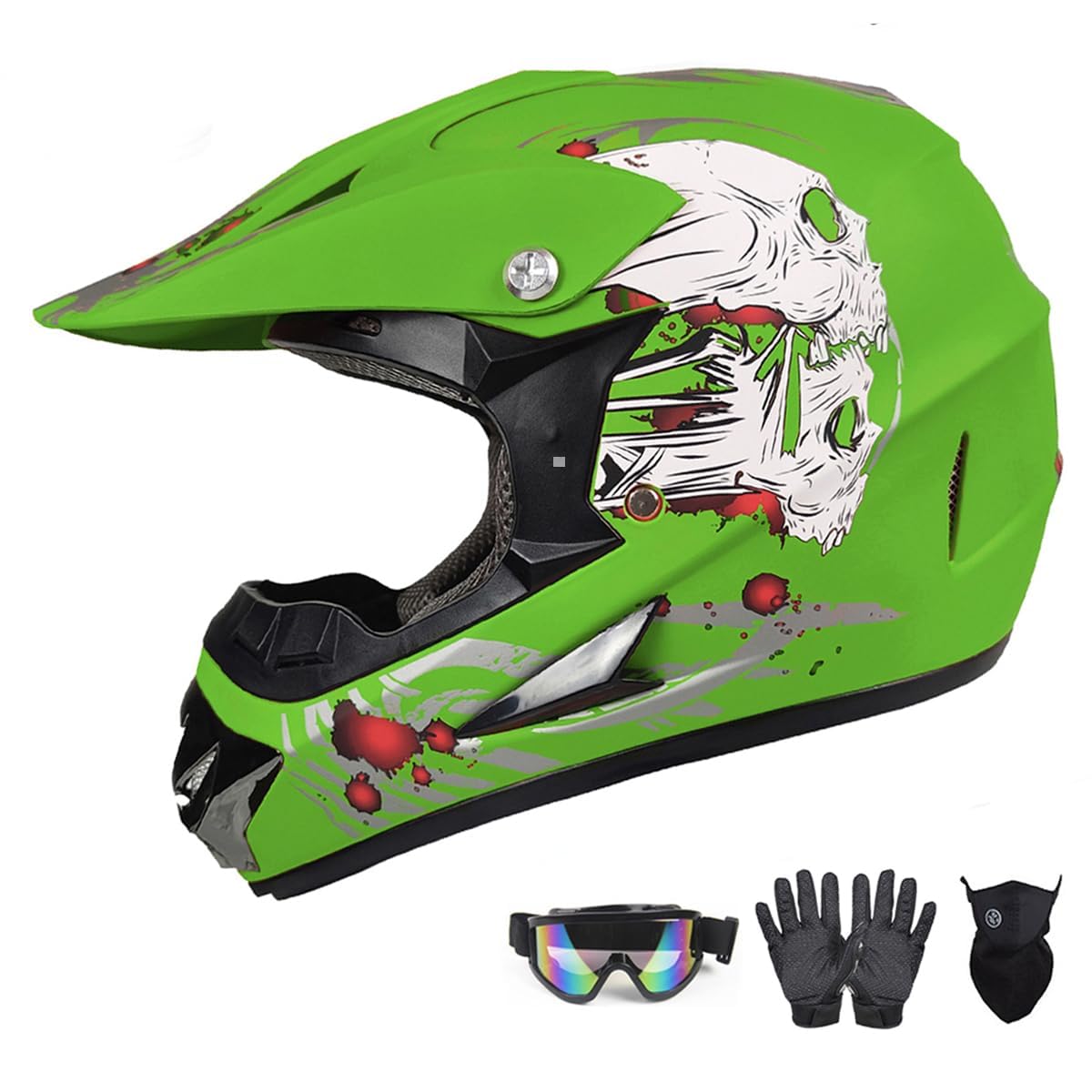 DOT Approved Off-Road Helmet for Kids, Youth, and Adults - Motocross, Dirt Bike, 4-Wheel,BMX, ATV Motorcycle with Gloves, Goggles, and Mask (Green, Large)