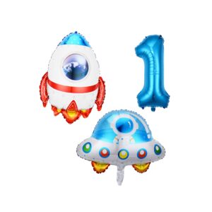 outer space birthday 1 party decorations balloons kit with rocket ufo number one foil balloon boy girl room decor supplies 3-piece set