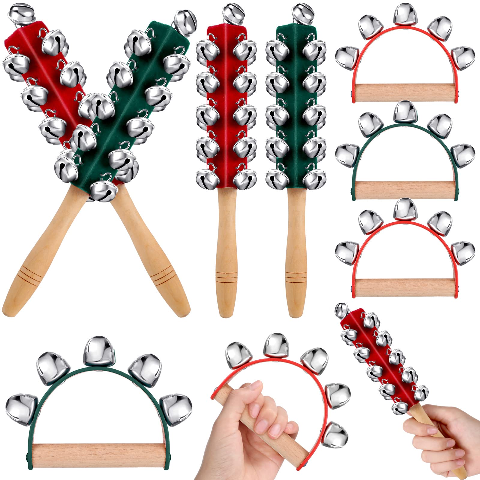 8 Pieces Christmas Handle Sleigh Bells Wooden Hand Bells Handhold Shaker Bells Musical Percussion Instrument for Christmas Holiday Music Party Decoration Birthday Gifts