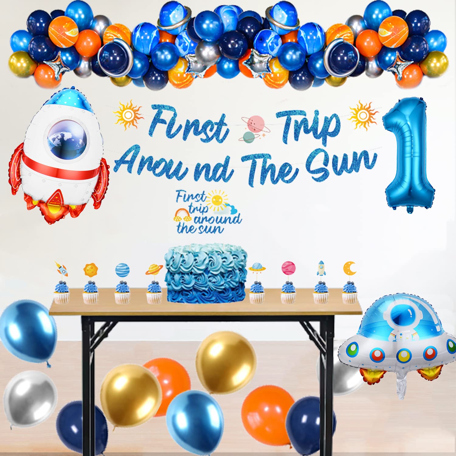 Outer Space Birthday 1 Party Decorations Balloons Kit with Rocket UFO Number One Foil Balloon Boy Girl Room Decor Supplies 3-Piece Set