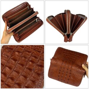 Light Brown Women Crocodile Clutch Wallet Large Capacity Alligator Leather Wristlets Purse Ladies Travel RFID Blocking Card Holder Cellphone Pocket VINU14