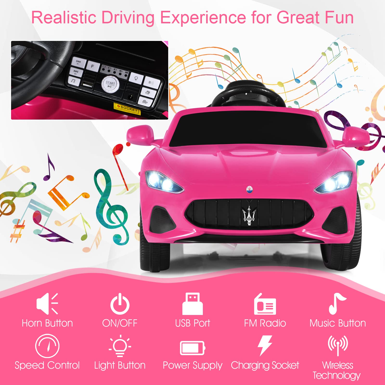 HONEY JOY Pink Ride On Car, Licensed Maserati 12V Battery Powered Electric Car for Kids with Parent Remote Control, Lights, Horn, Music, 4-Wheel Ride on Toys for Toddlers, Gift for Boys Girls (Pink)