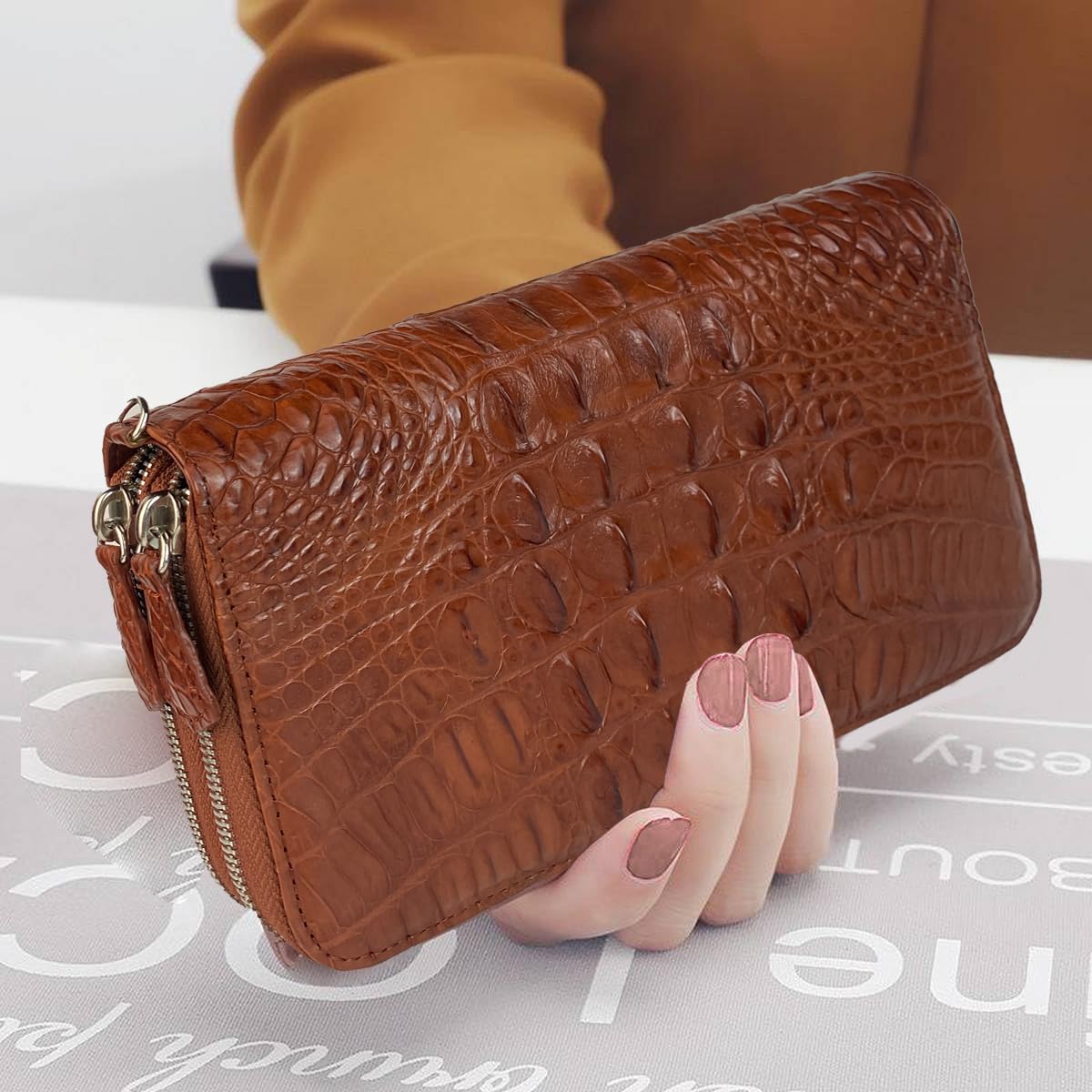 Light Brown Women Crocodile Clutch Wallet Large Capacity Alligator Leather Wristlets Purse Ladies Travel RFID Blocking Card Holder Cellphone Pocket VINU14