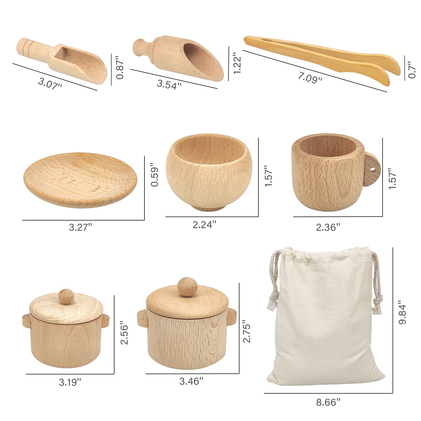 Wooden Sensory Bin Tools Montessori Toys for Toddlers 3+, Pretend Play Dish Toys Wooden Bowls Scoop Tongs Transfer Work Pouring Set, Kids Fine Motor Skills Development