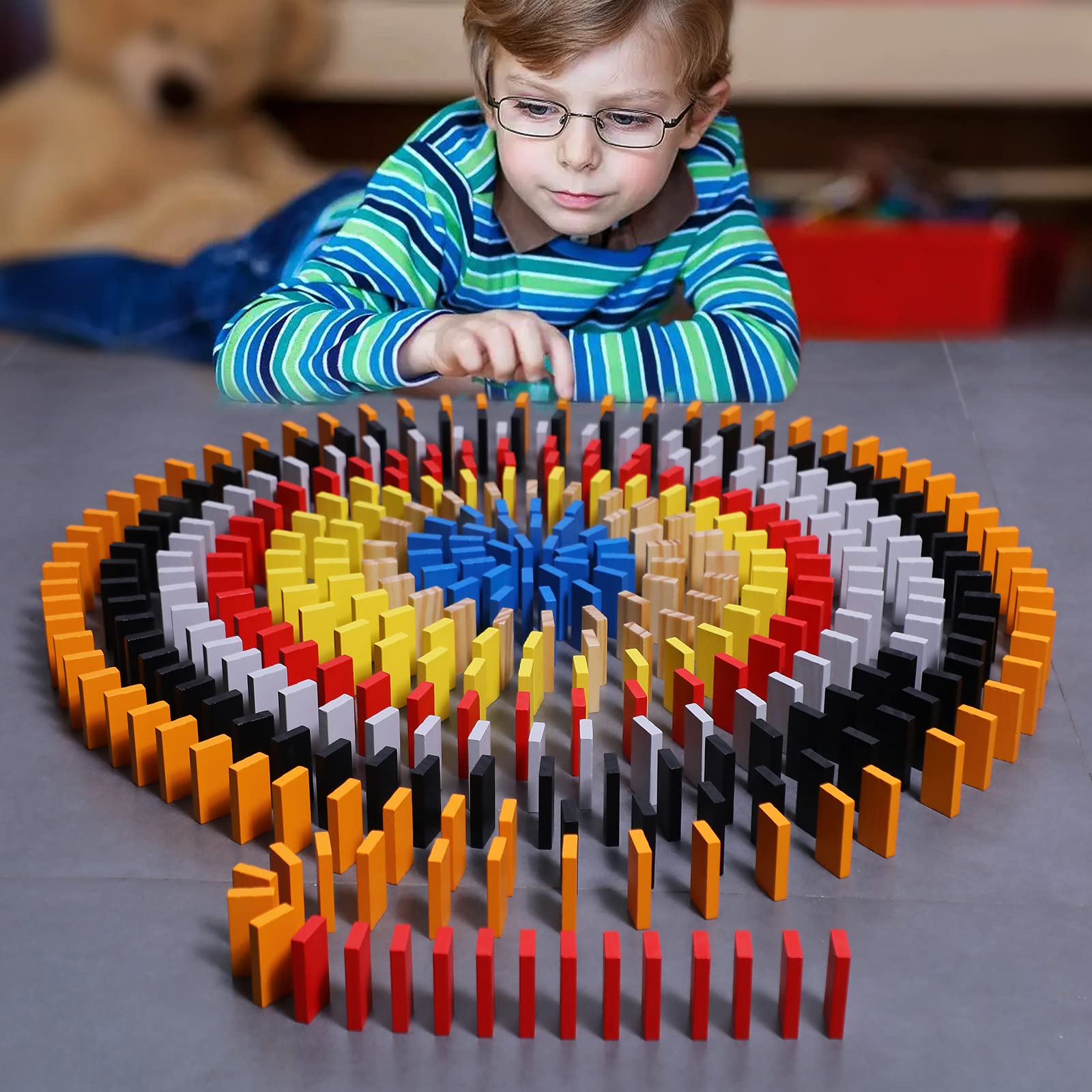 Dorjee Domino Rally Game Set, 115pcs Wooden Dominoes with Machines for Kids Age 4-8, Bulk Dominoes Racing Tile Games with Storage Tray and Bags