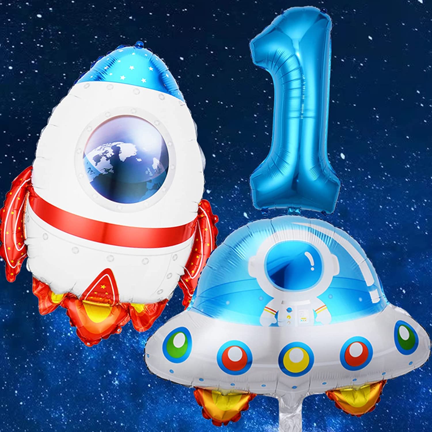 Outer Space Birthday 1 Party Decorations Balloons Kit with Rocket UFO Number One Foil Balloon Boy Girl Room Decor Supplies 3-Piece Set