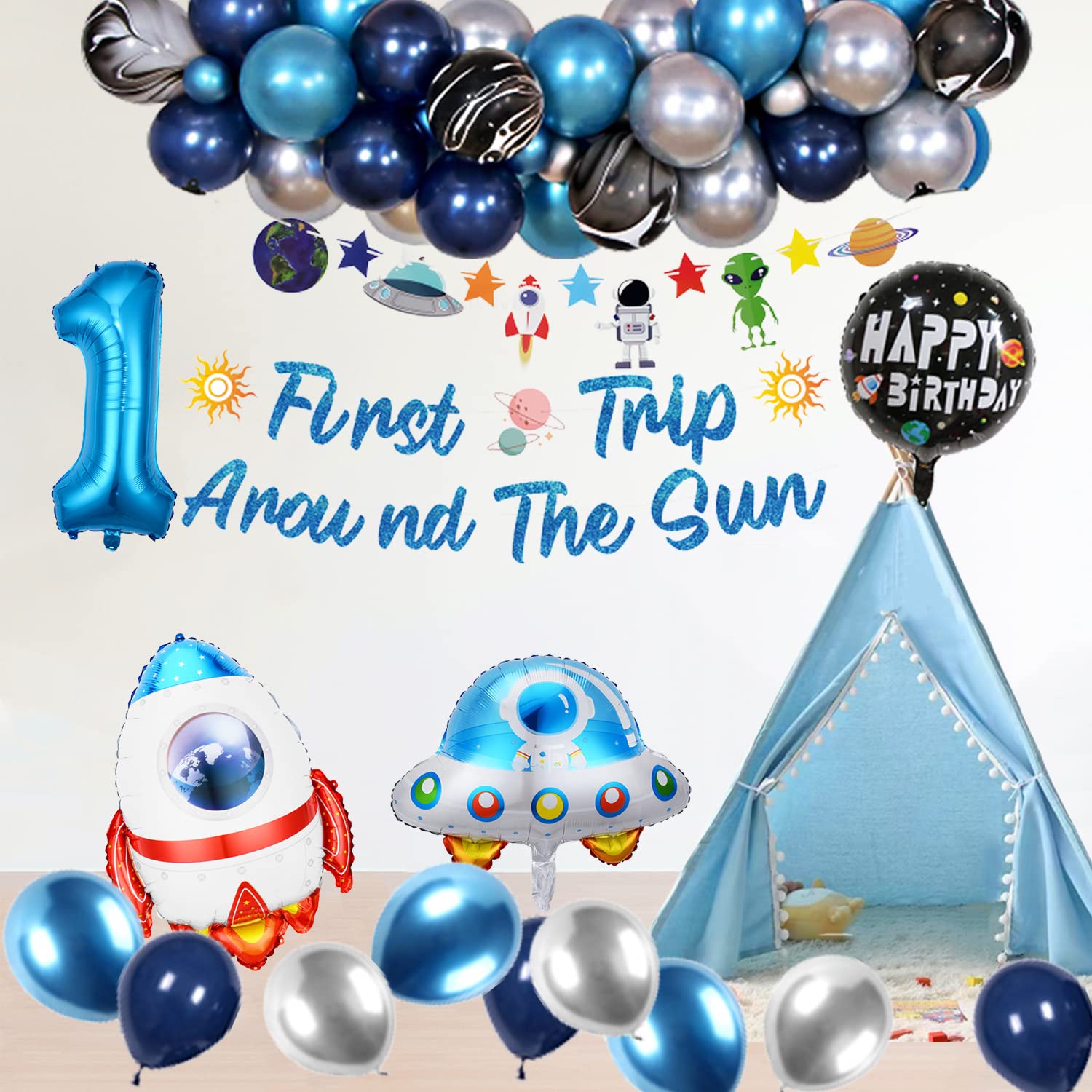 Outer Space Birthday 1 Party Decorations Balloons Kit with Rocket UFO Number One Foil Balloon Boy Girl Room Decor Supplies 3-Piece Set