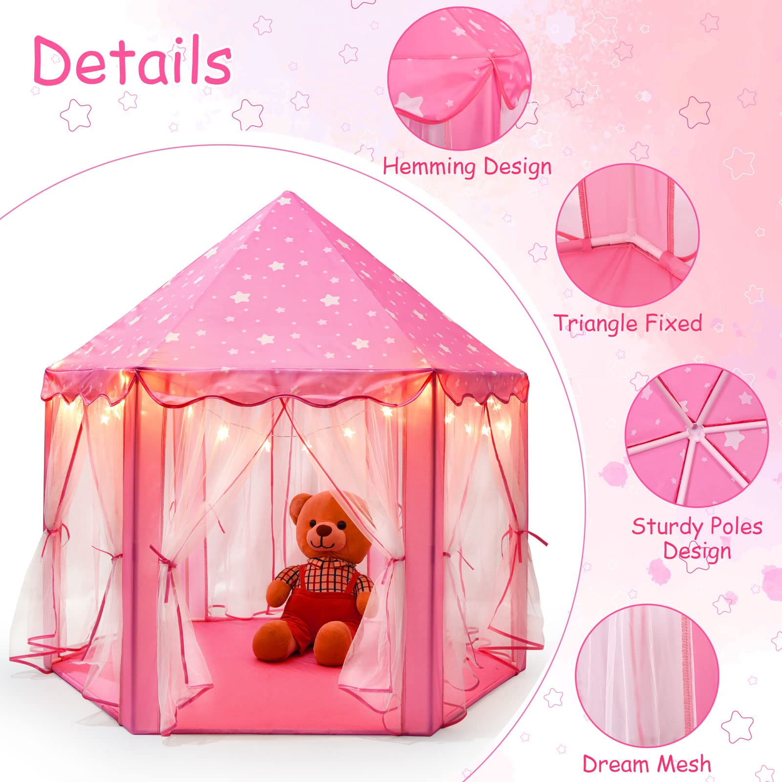 ALPRANG Princess Castle Play Tent Girls Tents Indoor Playhouses with Star Lights Girls Boys Toys for Indoor Outdoor Games Large Size Pink 55'' X 54'' (DxH) (PT-01)