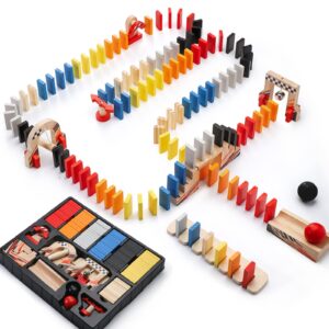 Dorjee Domino Rally Game Set, 115pcs Wooden Dominoes with Machines for Kids Age 4-8, Bulk Dominoes Racing Tile Games with Storage Tray and Bags