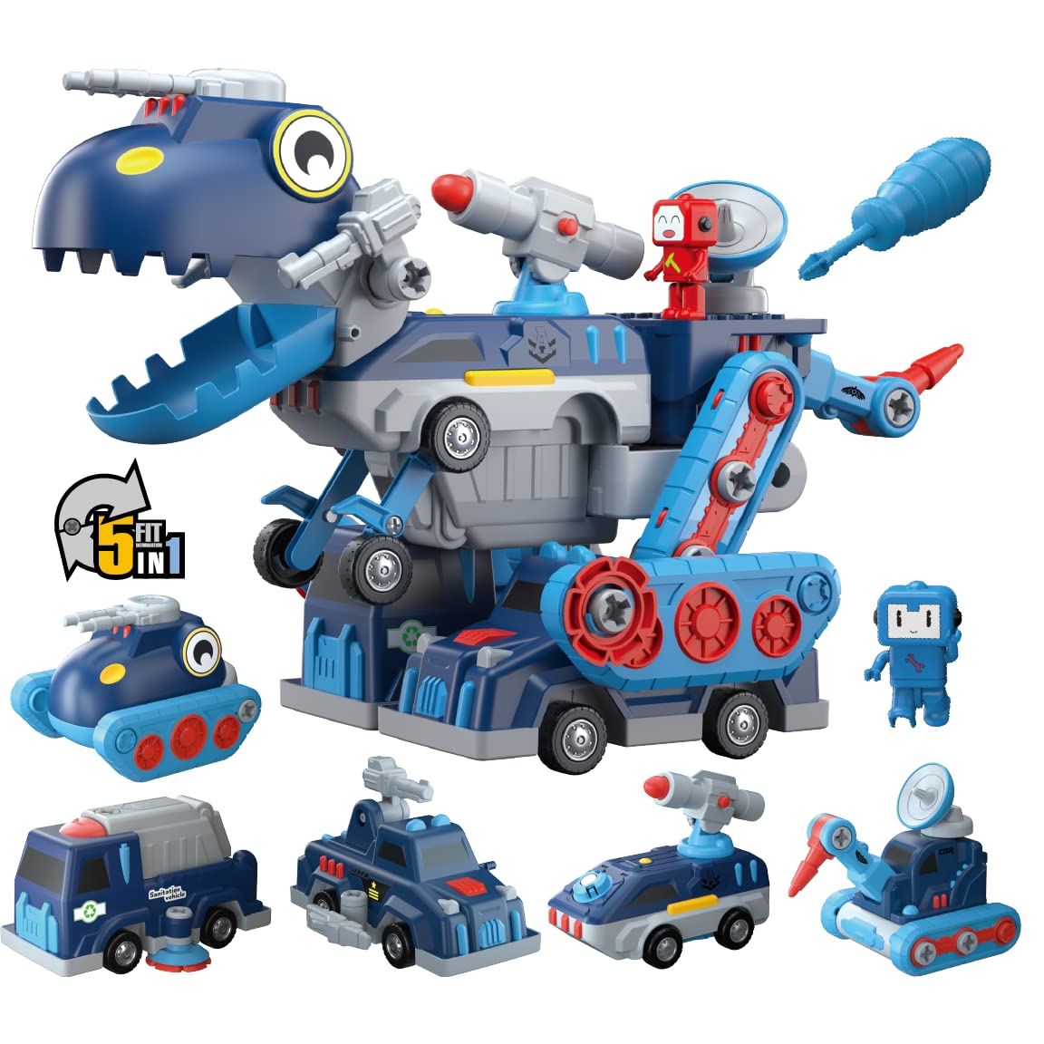 Toys for 5+ Year Old Boys, Take Apart Dinosaur, Magnetic Building Blocks Vehicles Play Set, 5 in 1 Cars & Trucks Transform Into Robot Dino T-rex, Engineering STEM Toys & Gifts for Boys & Girls