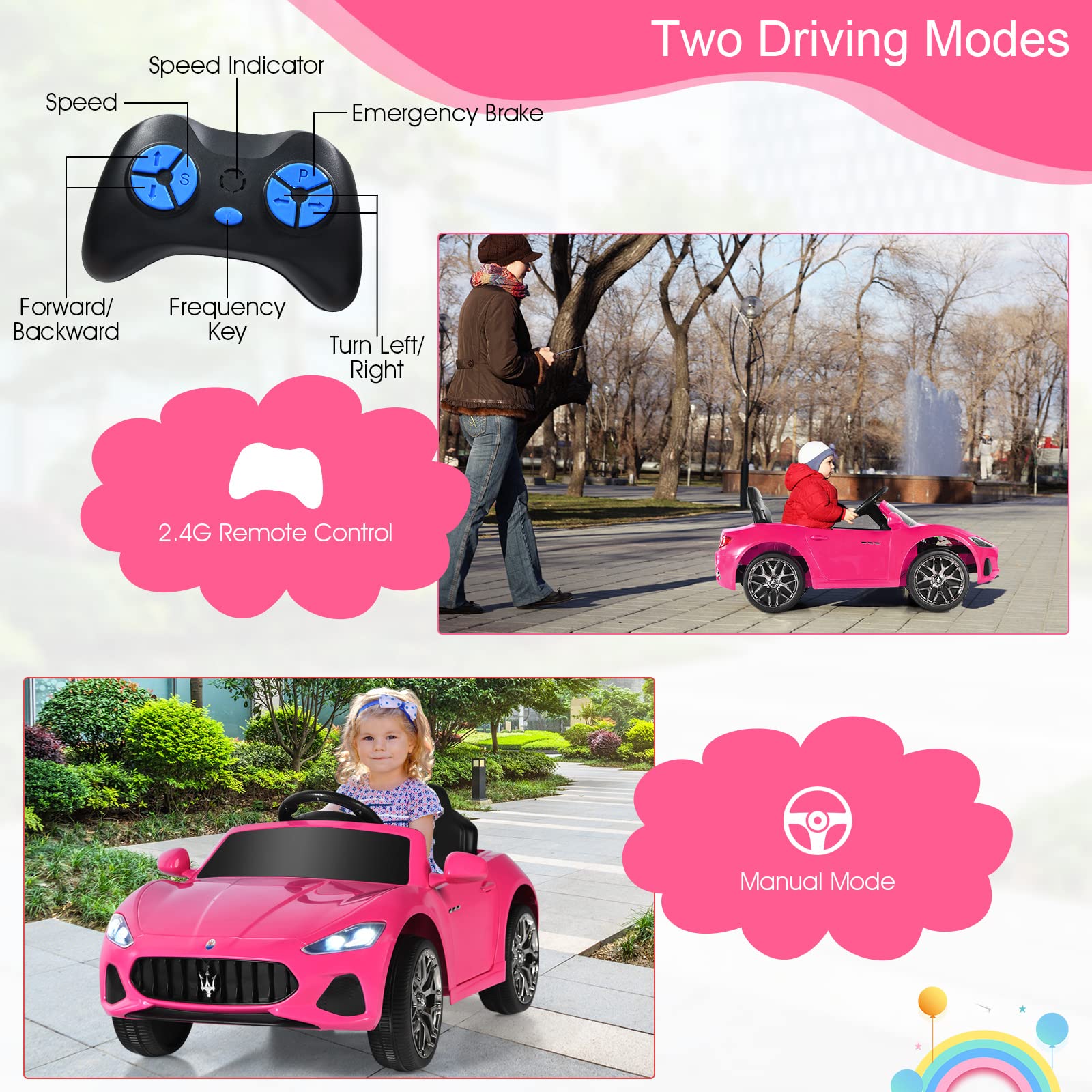 HONEY JOY Pink Ride On Car, Licensed Maserati 12V Battery Powered Electric Car for Kids with Parent Remote Control, Lights, Horn, Music, 4-Wheel Ride on Toys for Toddlers, Gift for Boys Girls (Pink)