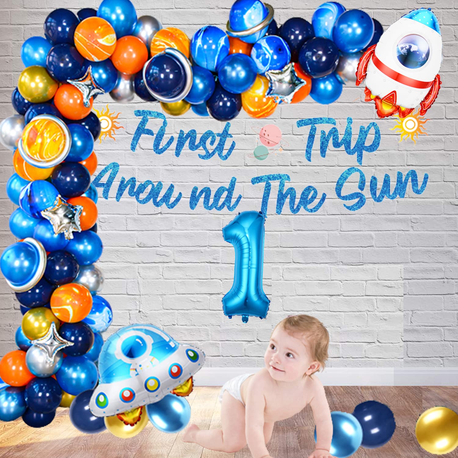 Outer Space Birthday 1 Party Decorations Balloons Kit with Rocket UFO Number One Foil Balloon Boy Girl Room Decor Supplies 3-Piece Set