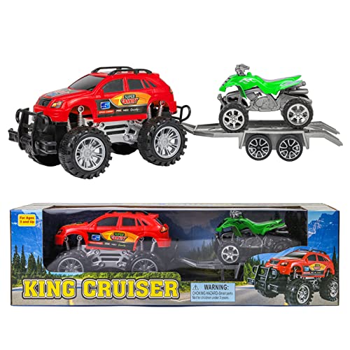 Kidplokio Monster Trucks Red ATV Off Road Friction Toys Trailer Pull Back Cars