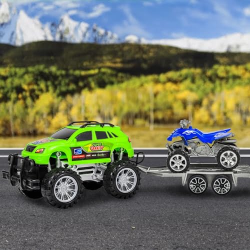 Kidplokio Monster Trucks Red ATV Off Road Friction Toys Trailer Pull Back Cars