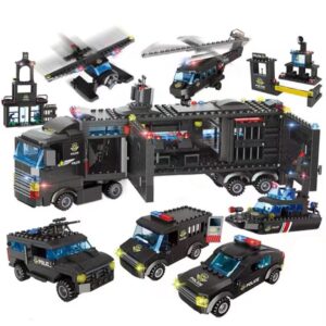 1102 Pieces City Police Station Building Kit, SWAT Mobile Command Center Truck Building Toy with Police Car, Helicopter, Patrol Boat, Best Learning and Roleplay Swat Toy Gift for Boys and Girls