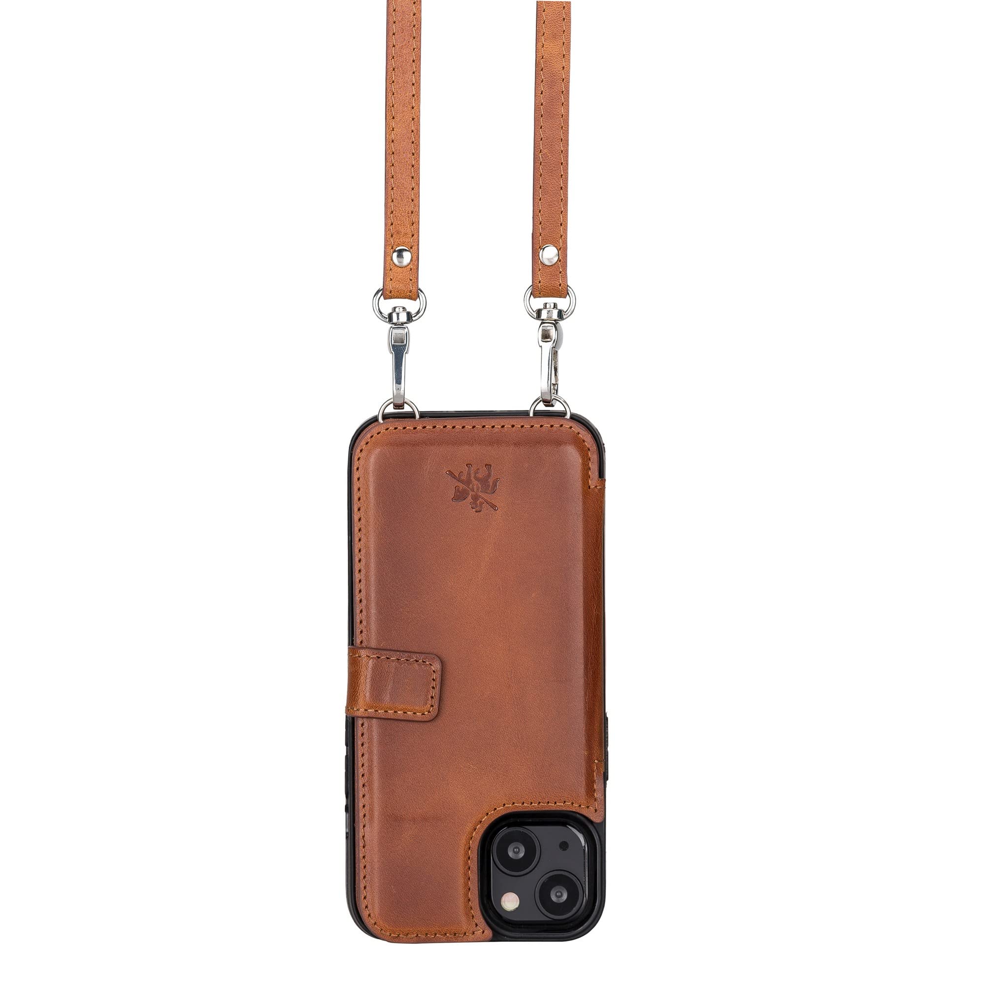 Venito Fermo Leather Wallet Case Compatible with iPhone 14 Plus Crossbody Case - Extra Secure with RFID Blocking (Antique Brown)