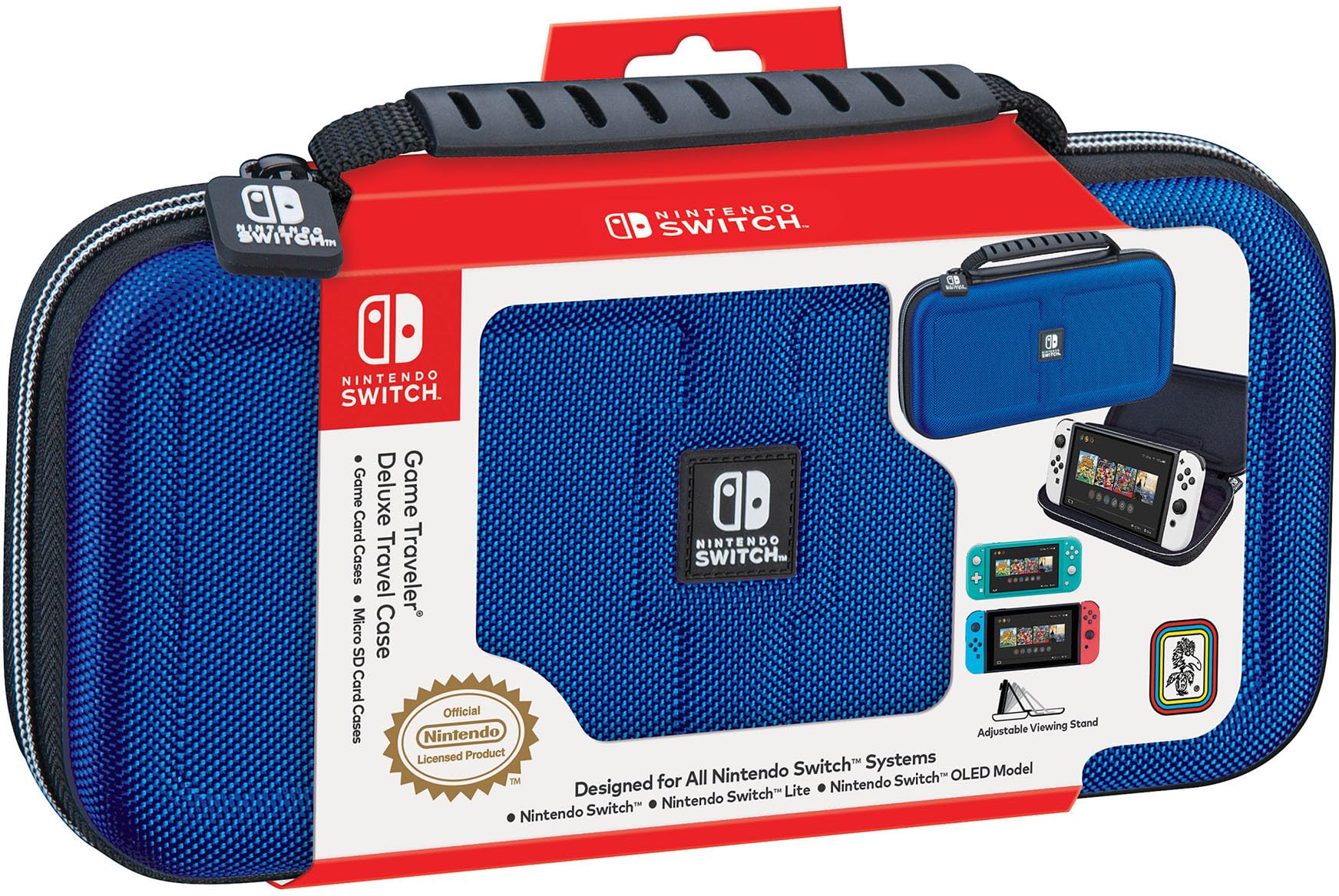 Game Traveler Nintendo Switch Deluxe OLED Case - Also for Switch & Switch Lite, Blue Ballistic Nylon, Viewing Stand & Bonus Game Cases, Deluxe Handle, Licensed by Nintendo, #1 Selling Case in USA