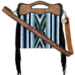 Affilare Western Bag Saddle Blanket Bag Leather Crossbody Shoulder Bag with Fringes With Leather Hand Tooled carved Panels Black Grey and White 20AB005