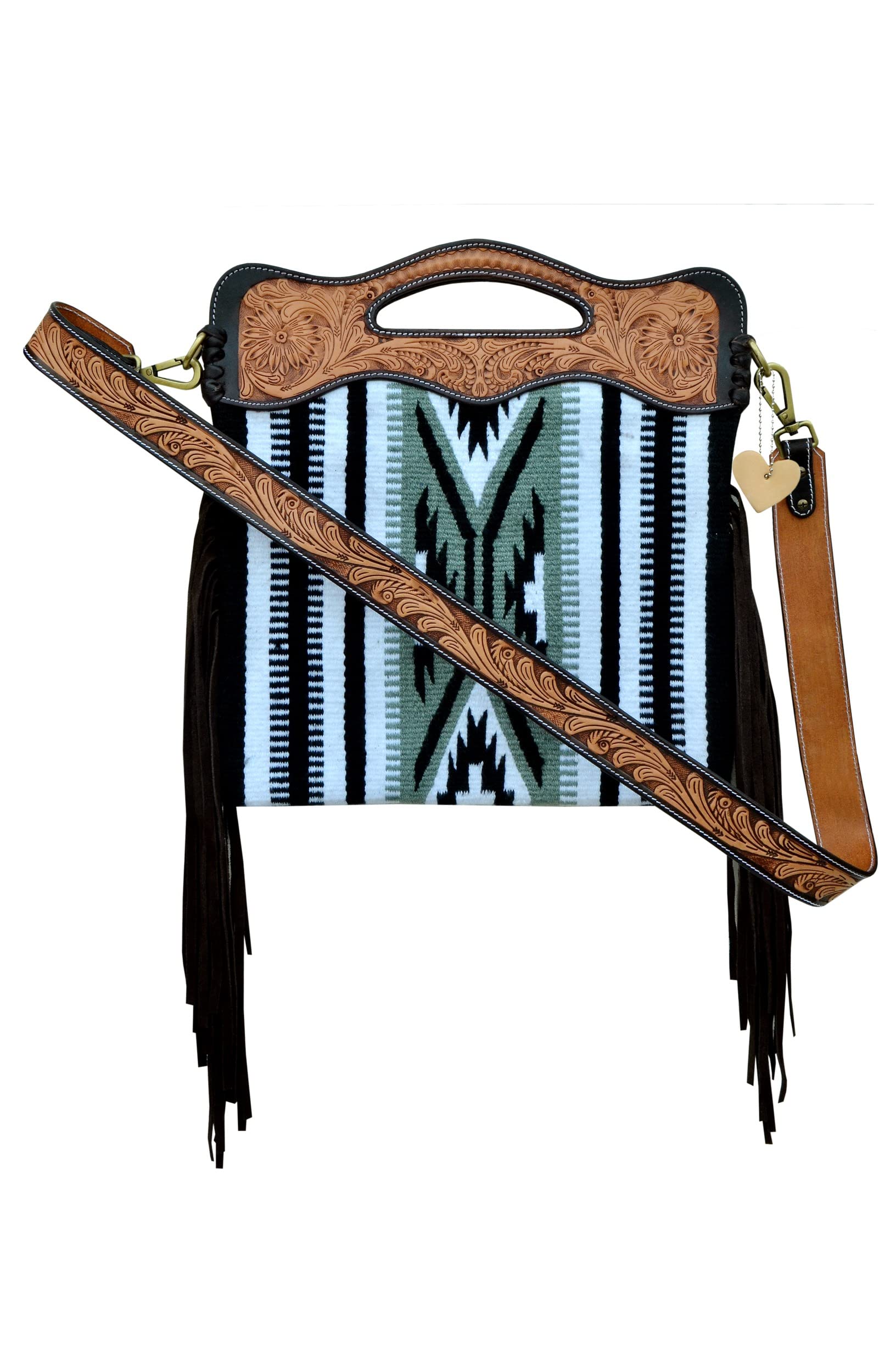 Affilare Western Bag Saddle Blanket Bag Leather Crossbody Shoulder Bag with Fringes With Leather Hand Tooled carved Panels Black Grey and White 20AB005