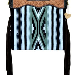 Affilare Western Bag Saddle Blanket Bag Leather Crossbody Shoulder Bag with Fringes With Leather Hand Tooled carved Panels Black Grey and White 20AB005