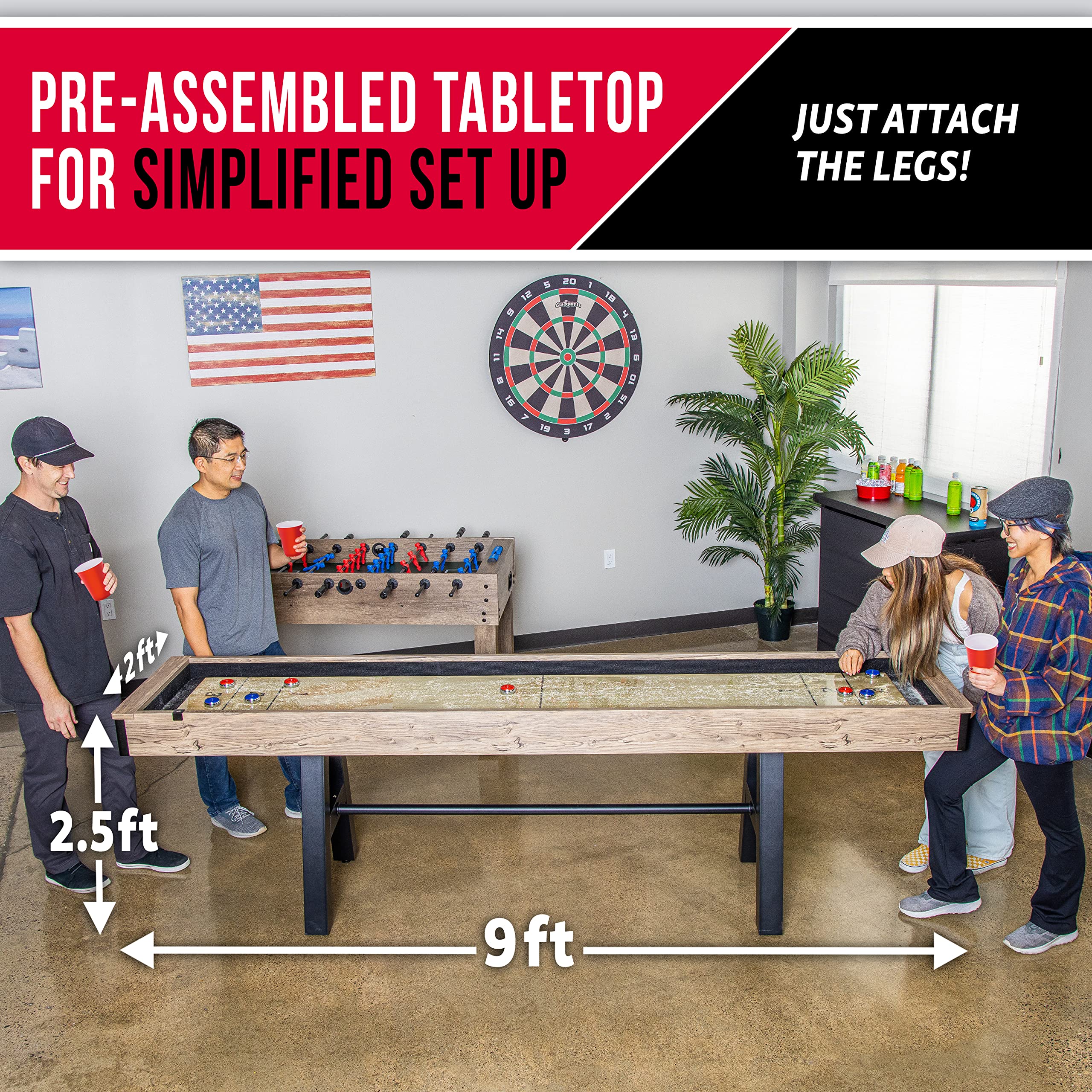 GoSports Premium 9 ft Shuffleboard Table with 8 Pucks, Shuffleboard Wax, and Brush